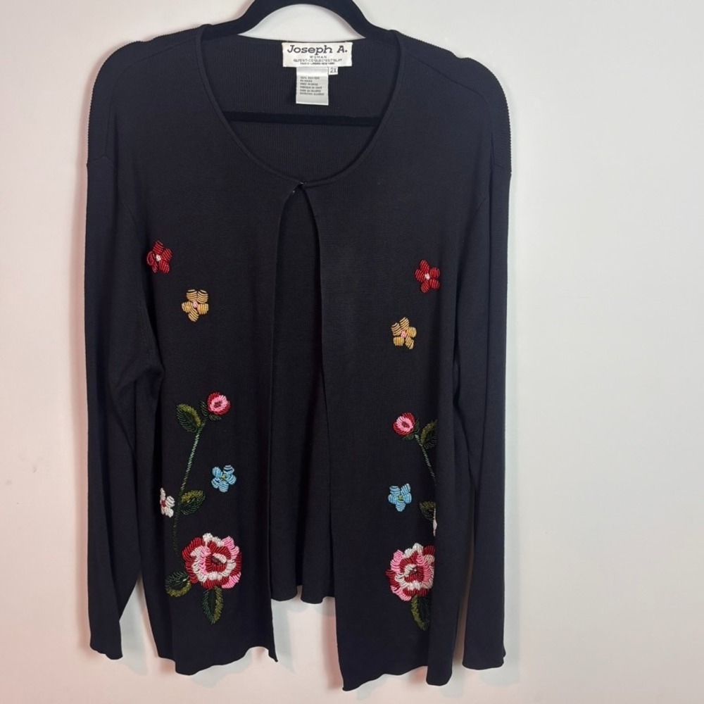 VTG Jospeh A. Womens 100% Silk Floral Beaded Stretch Open Front Sweater sz 2X
